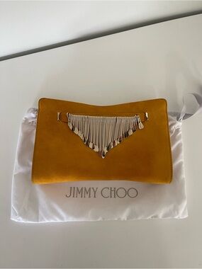 Jimmy Choo Mustard Suede Clutch with Silver Fringe